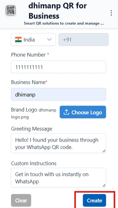 Fill the form for generating the Whatsapp QR Poster.