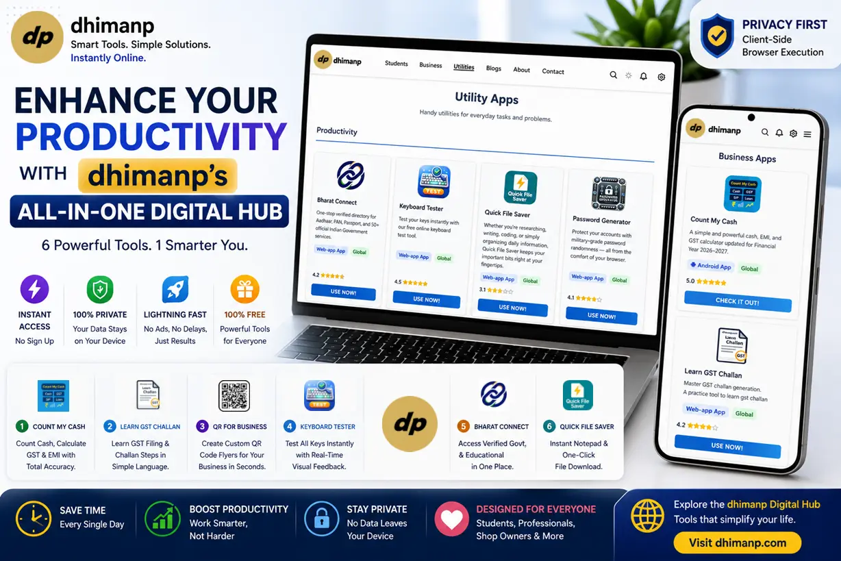 A sleek modern workspace showcasing laptops and tablets running dhimanp's productivity apps alongside clean custom QR flyers.