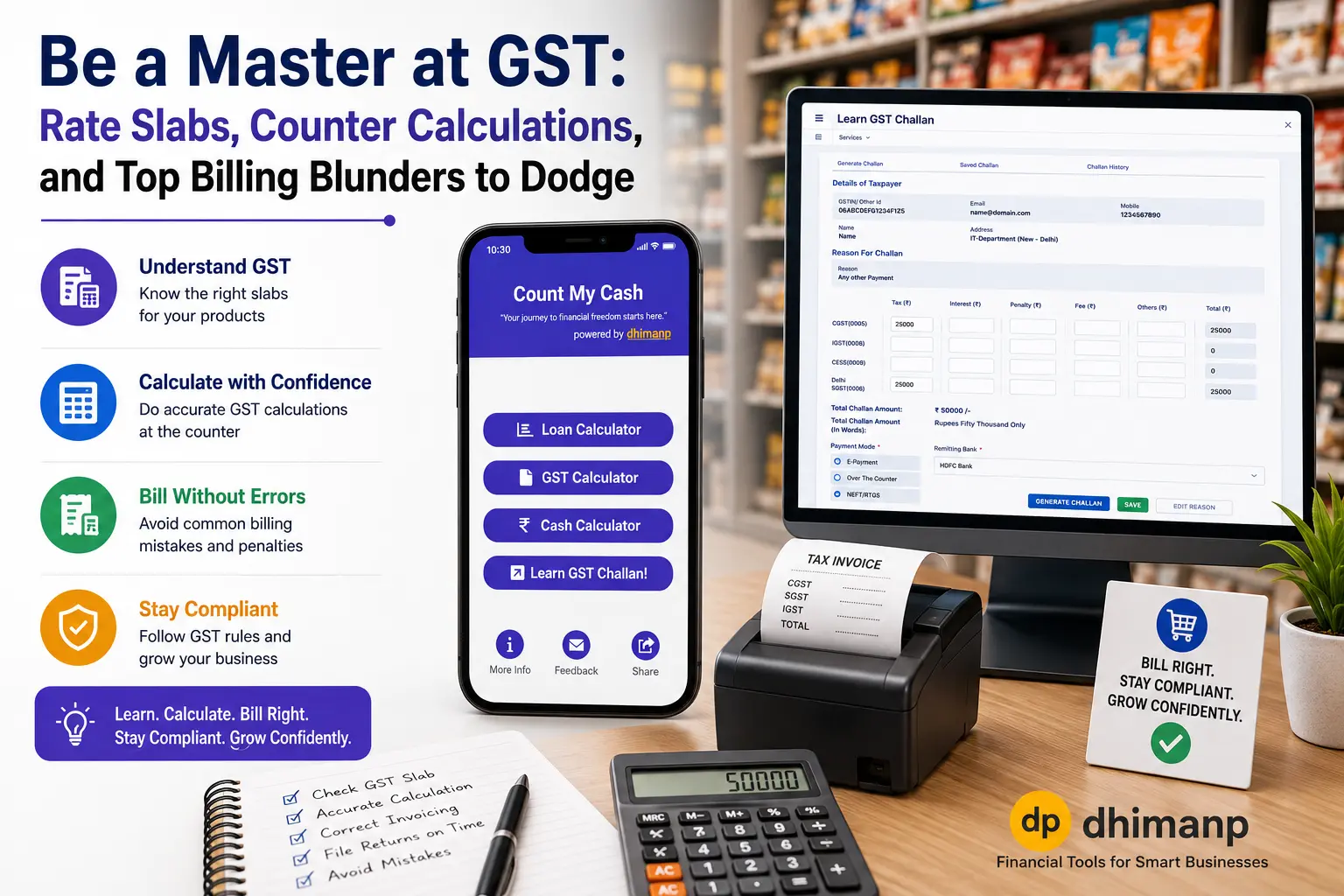 Retail cashier calculating inclusive and exclusive GST rates on store counter POS terminal using Count My Cash app