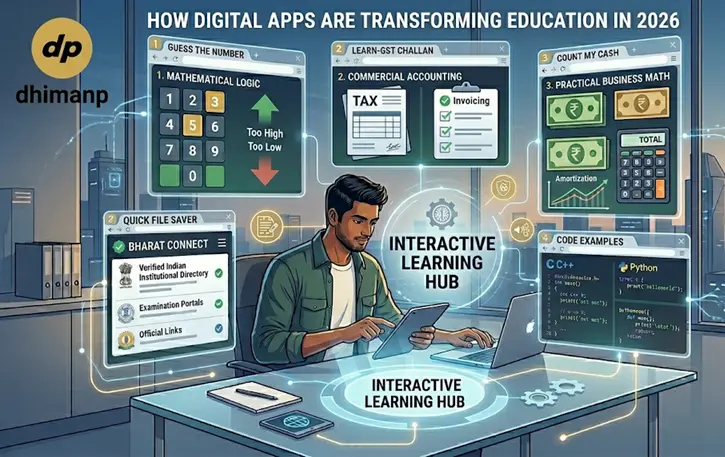 A vibrant modern educational scene showing students interacting with digital web applications featuring clean interface screens with red and yellow panels over a professional sky blue backdrop.