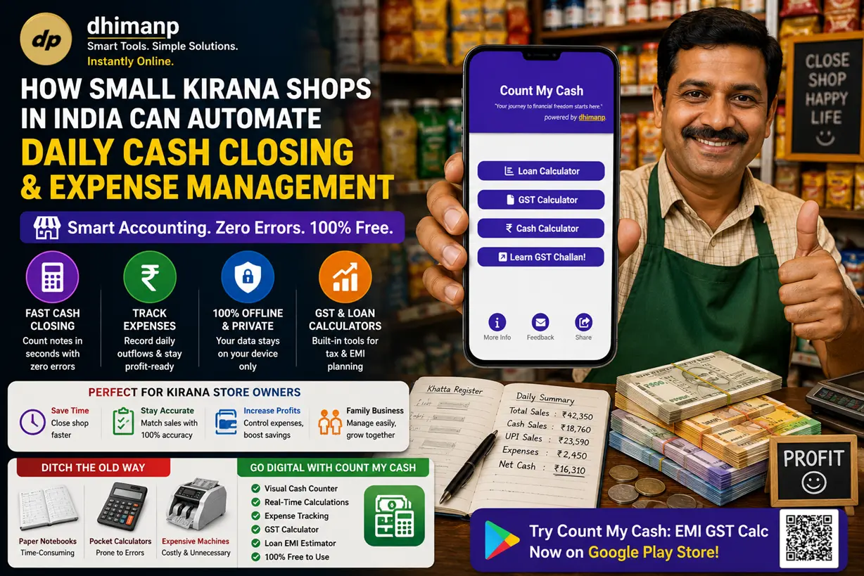 Count My Cash app icon showing daily cash tallying and GST calculator for Indian retail shopkeepers.