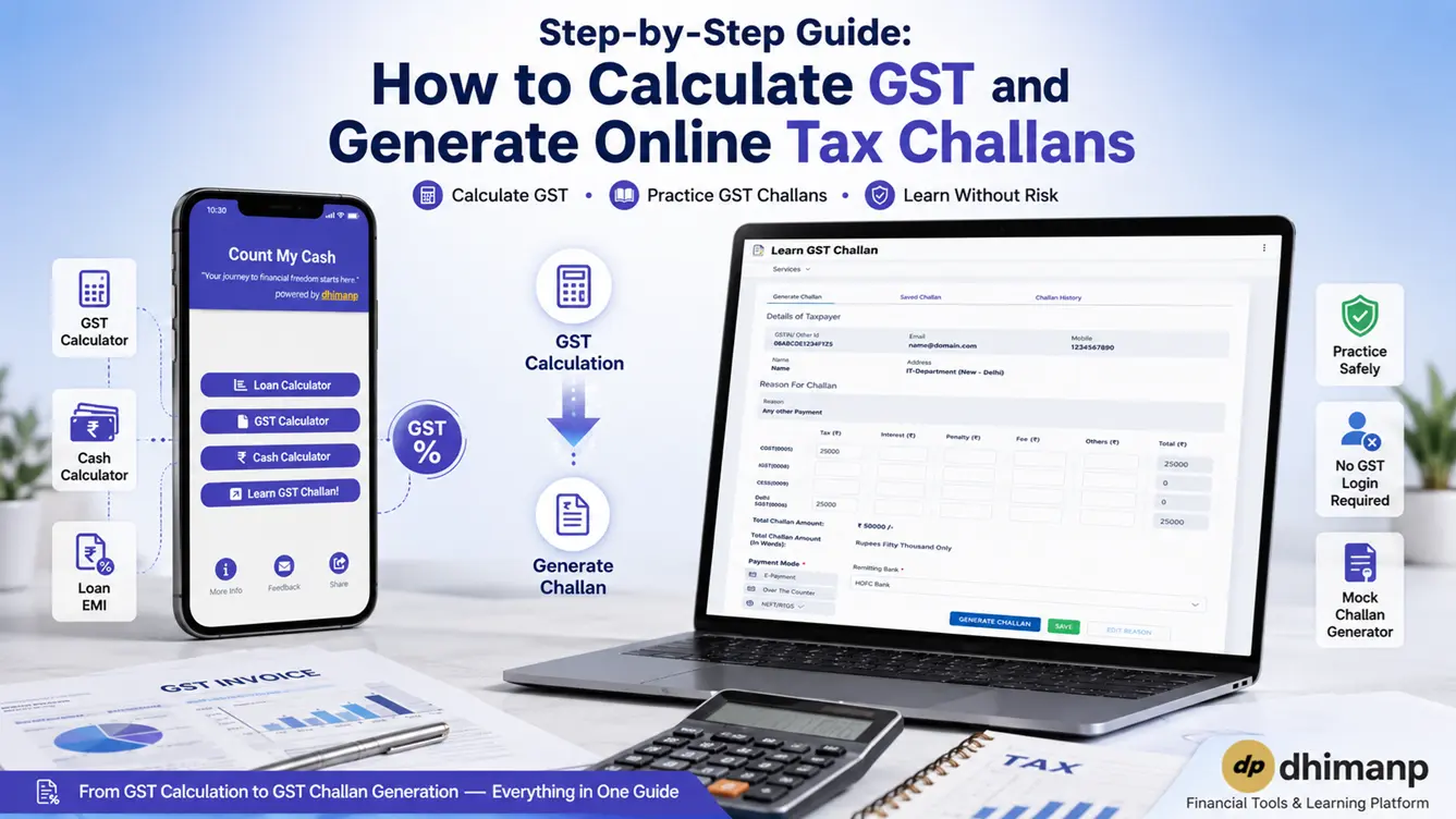Online GST tax calculation dashboard and GST PMT-06 challan payment preview