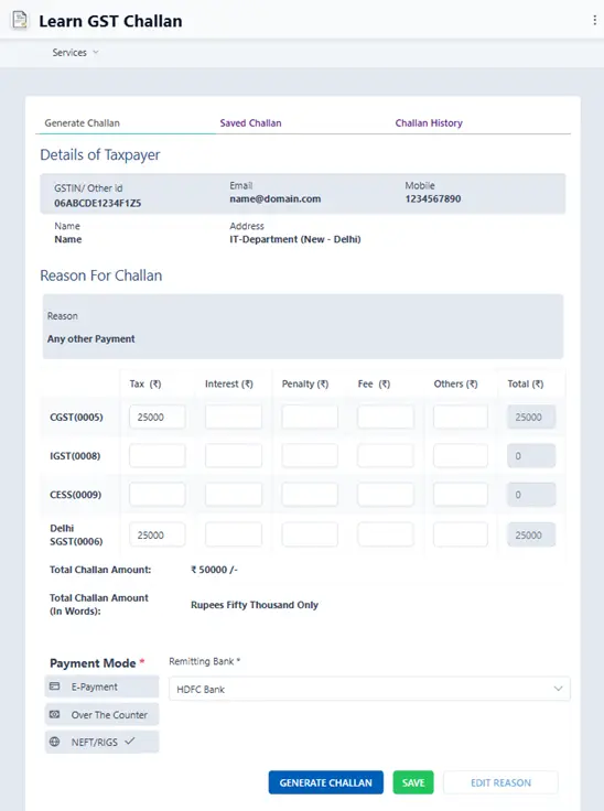 Screenshot of Learn GST Challan Simulator on dhimanp