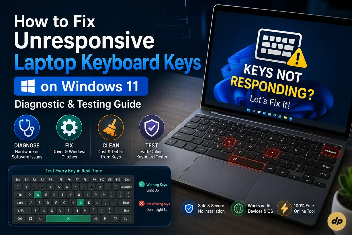 A laptop user running an online keyboard test on Windows 11 to fix unresponsive mechanical and scissor keyboard keys.