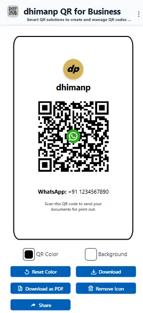Interactive QR code customization canvas with color controls and download buttons.