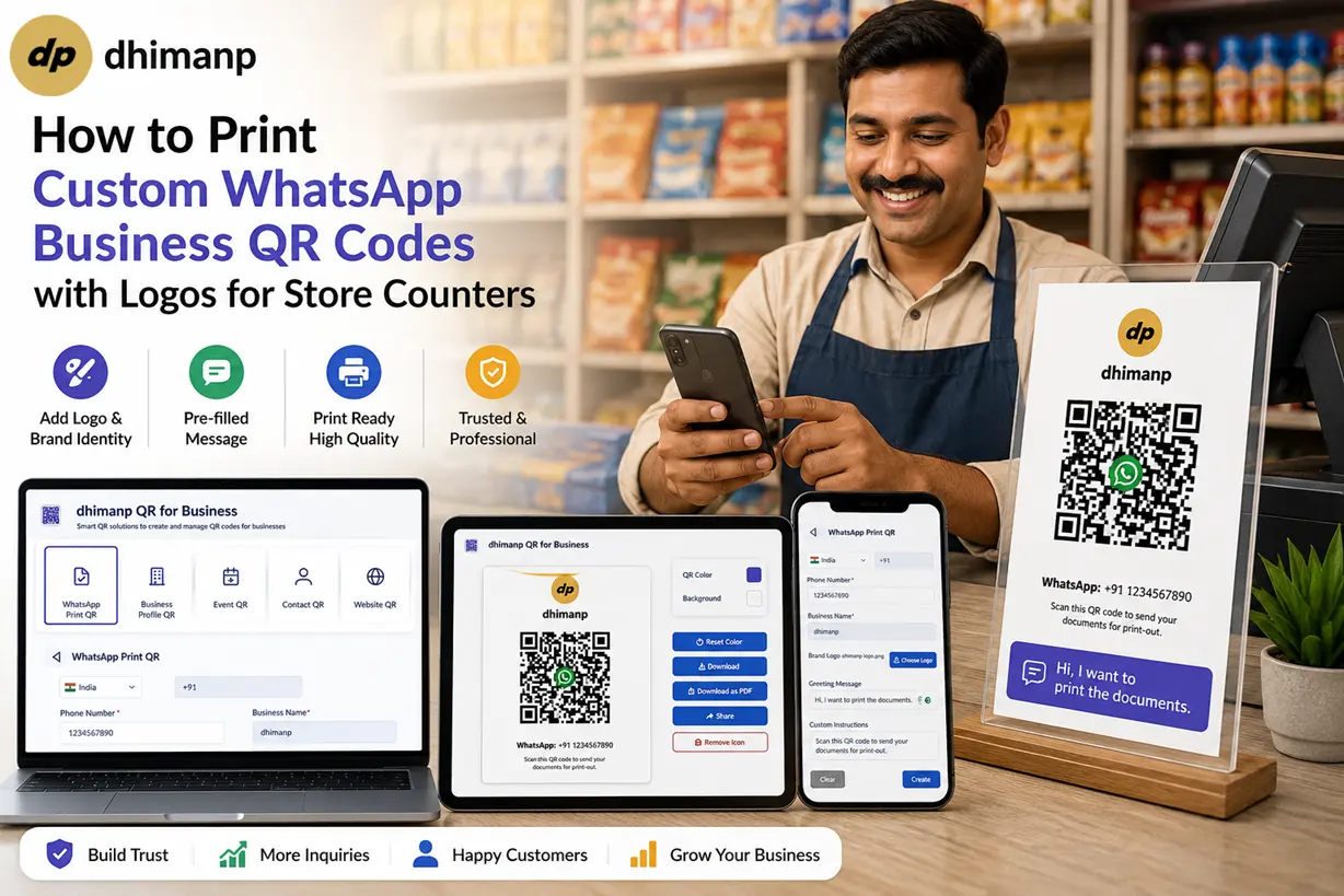 Custom WhatsApp Business Print QR code generator interface with brand logo upload and greeting message fields