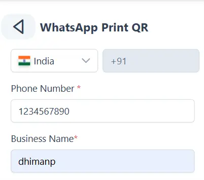 WhatsApp Print QR interface entering country code, phone number, and business name.