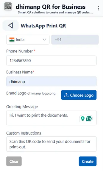WhatsApp Print QR configuration form with logo uploaded, pre-filled greeting message, and custom instructions.