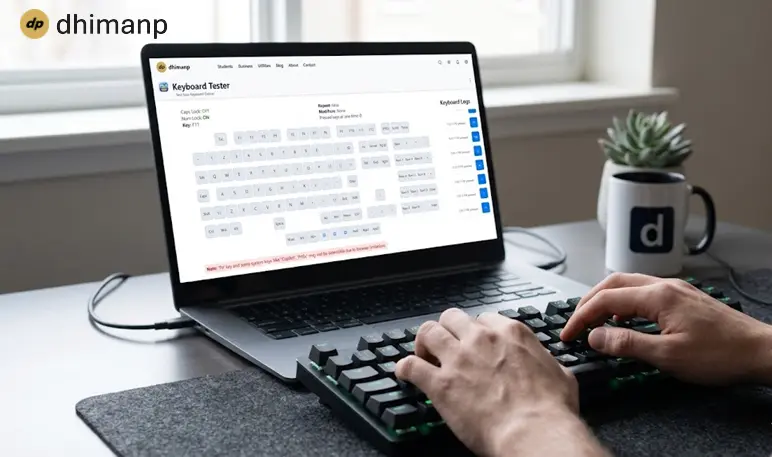 Online Keyboard Tester interface showing a highlighted virtual keyboard layout | dhimanp