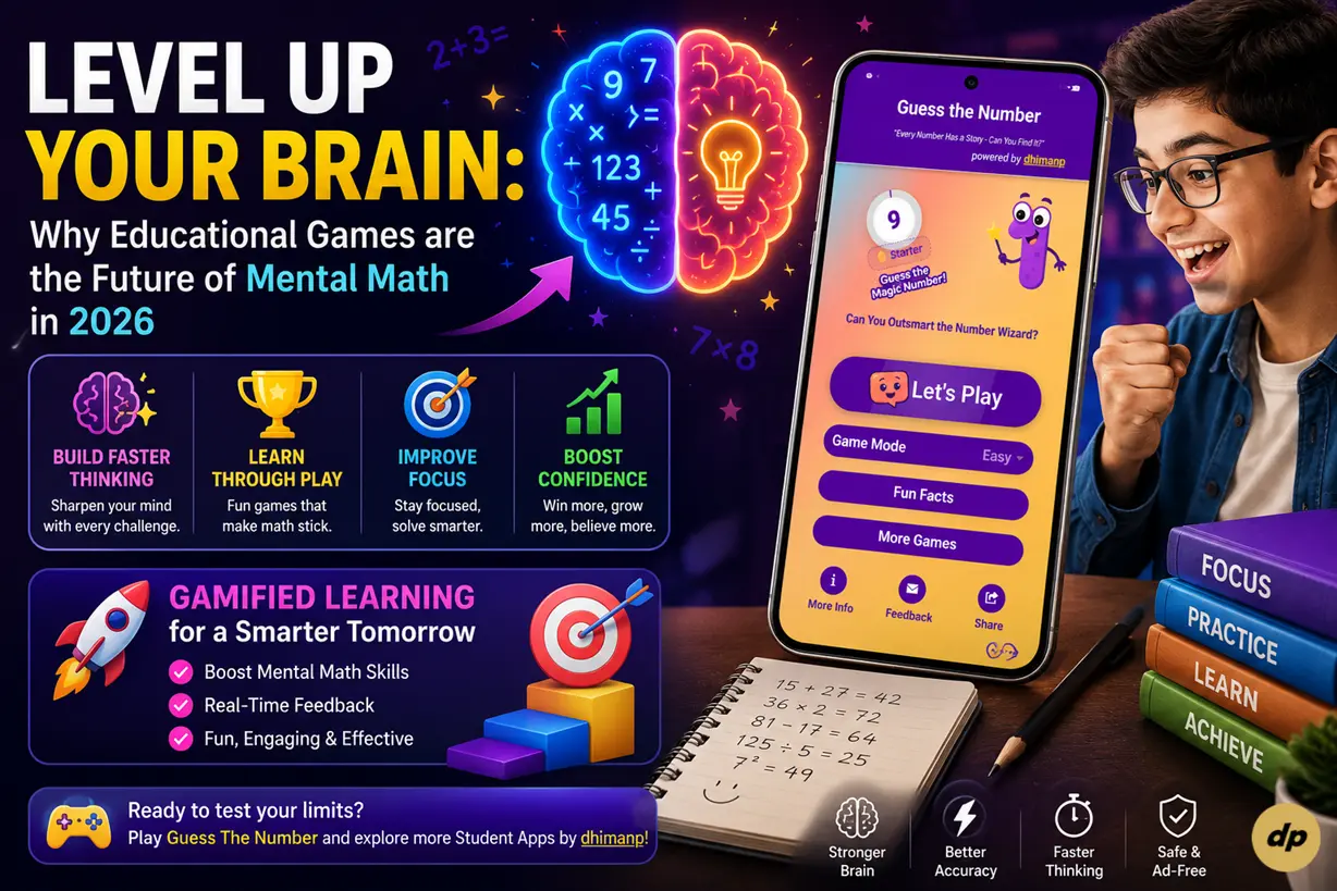 Glowing digital brain and mobile devices displaying math games for mental math training, Level Up Your Brain.