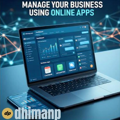 Infographic for business productivity: Left shows mobile and desktop dashboards for online business apps; Right shows team collaboration and real-time data analysis in a modern workspace.
