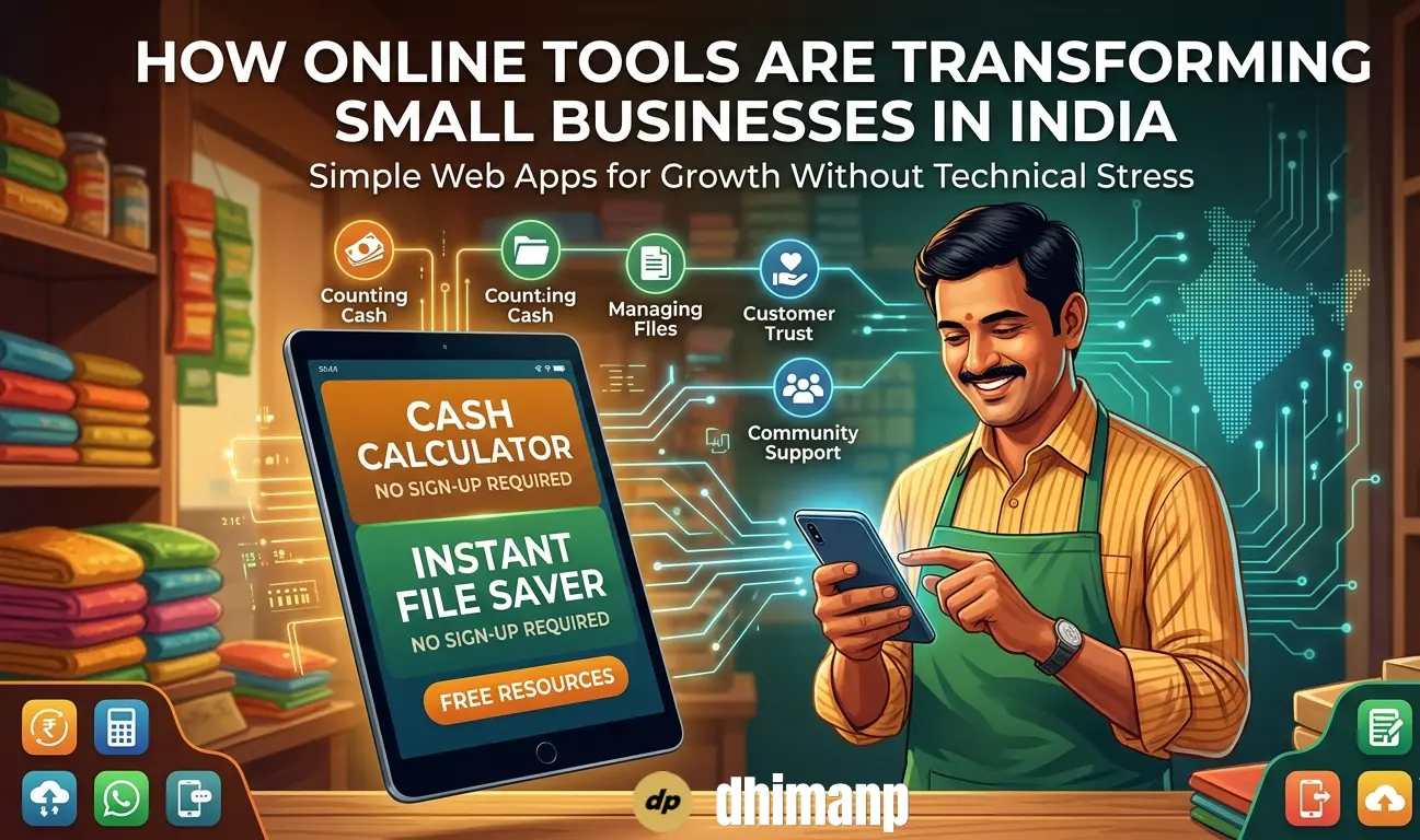 A simple and modern "techy" icon showing a mobile phone screen displaying a digital cash calculator and file saver, reflecting instant access for Indian shopkeepers.