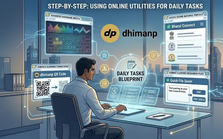 A step-by-step technical graphic showing an organized computer workspace with red and yellow user buttons over a clean sky blue professional desktop.