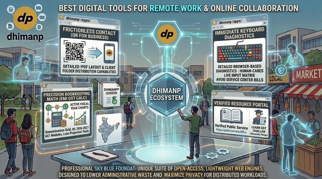A vibrant tech workspace running a clean web interface with high-contrast sky blue, red, and yellow design elements across diverse productivity utilities.