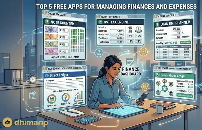 A clean digital finance dashboard showing an open cash calculator and tax tool with red and yellow user icons over a brilliant sky blue layout.
