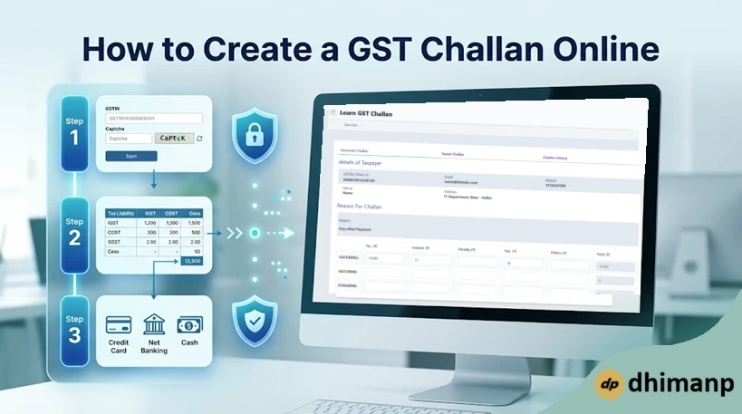 A professional interface simulation showing the step-by-step process of creating a GST Challan online.