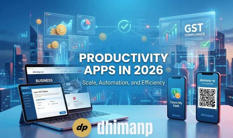 A futuristic digital workspace header showing a laptop with the dhimanp.com business page and a mobile device running the Learn GST Challan app, set against a sky blue tech-inspired background.
